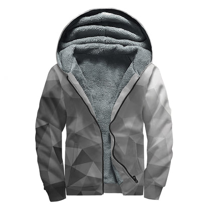 Grey Polygonal Geometric Print Sherpa Lined Zip Up Hoodie