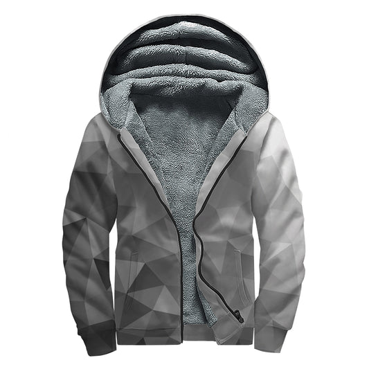 Grey Polygonal Geometric Print Sherpa Lined Zip Up Hoodie