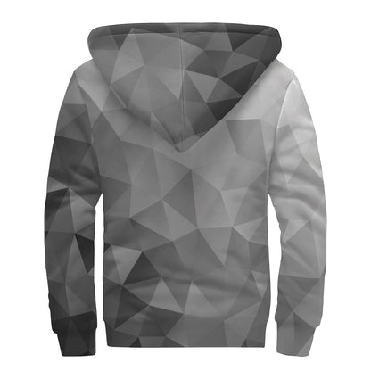 Grey Polygonal Geometric Print Sherpa Lined Zip Up Hoodie