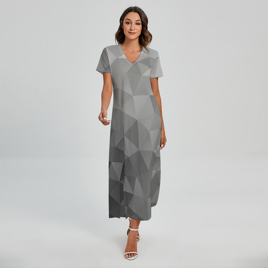 Grey Polygonal Geometric Print Short Sleeve Maxi Dress