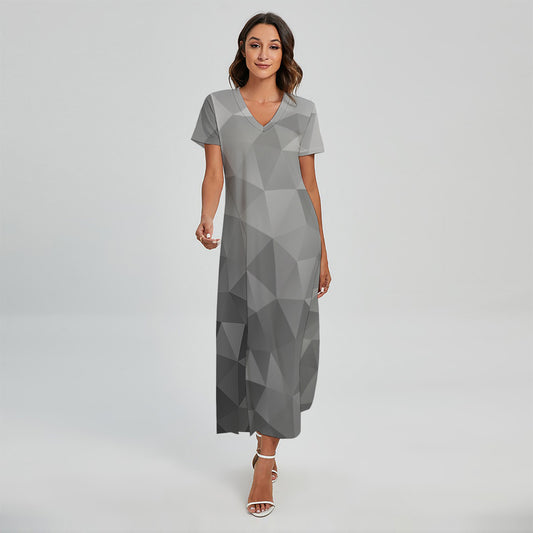 Grey Polygonal Geometric Print Short Sleeve Maxi Dress