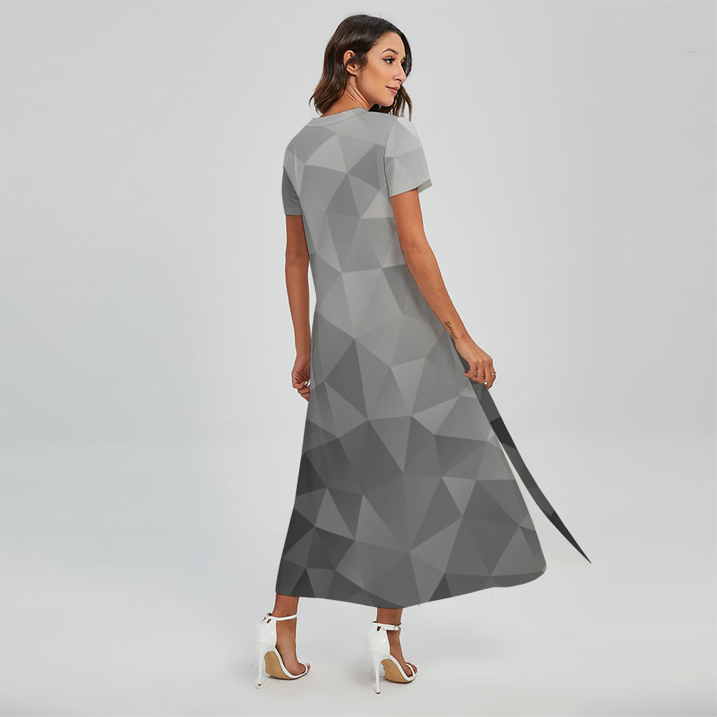 Grey Polygonal Geometric Print Short Sleeve Maxi Dress