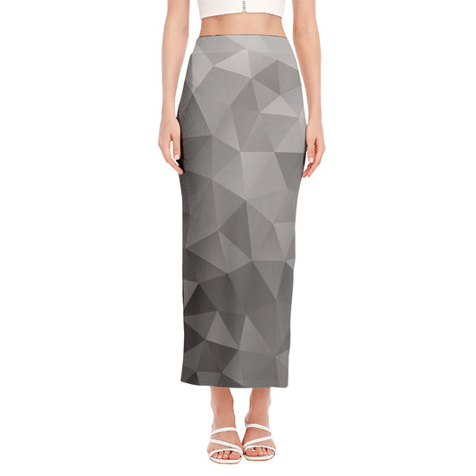 Grey Polygonal Geometric Print Side Slit Maxi Skirt
