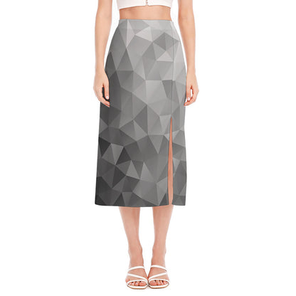 Grey Polygonal Geometric Print Side Slit Midi Skirt