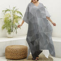 Grey Polygonal Geometric Print Silk V-Neck Kaftan Dress