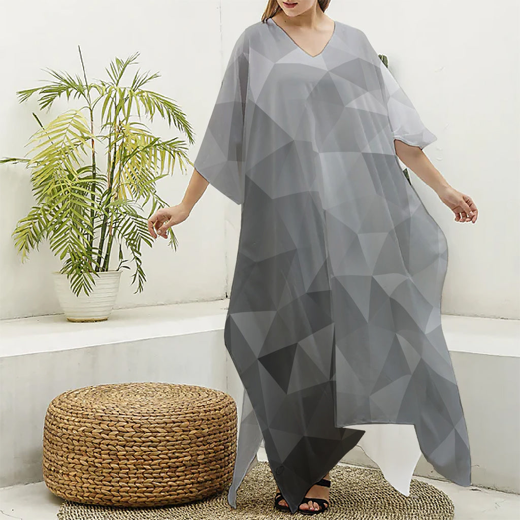 Grey Polygonal Geometric Print Silk V-Neck Kaftan Dress