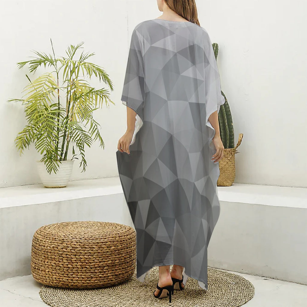 Grey Polygonal Geometric Print Silk V-Neck Kaftan Dress