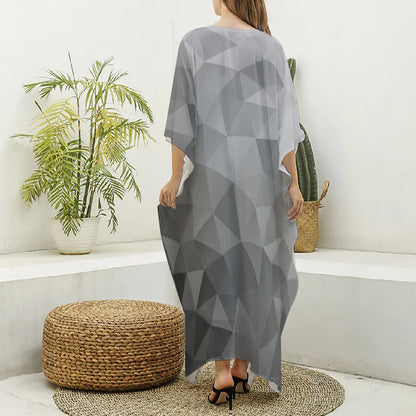 Grey Polygonal Geometric Print Silk V-Neck Kaftan Dress