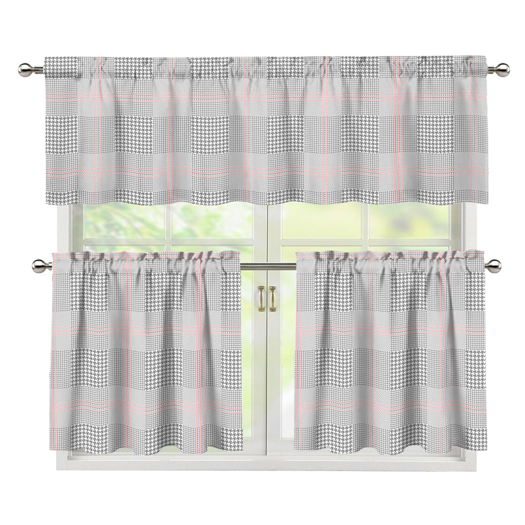 Grey Prince of Wales Check Print 3 Piece Kitchen Curtains