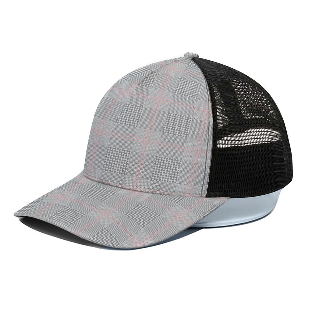 Grey Prince of Wales Check Print Black Mesh Trucker Cap