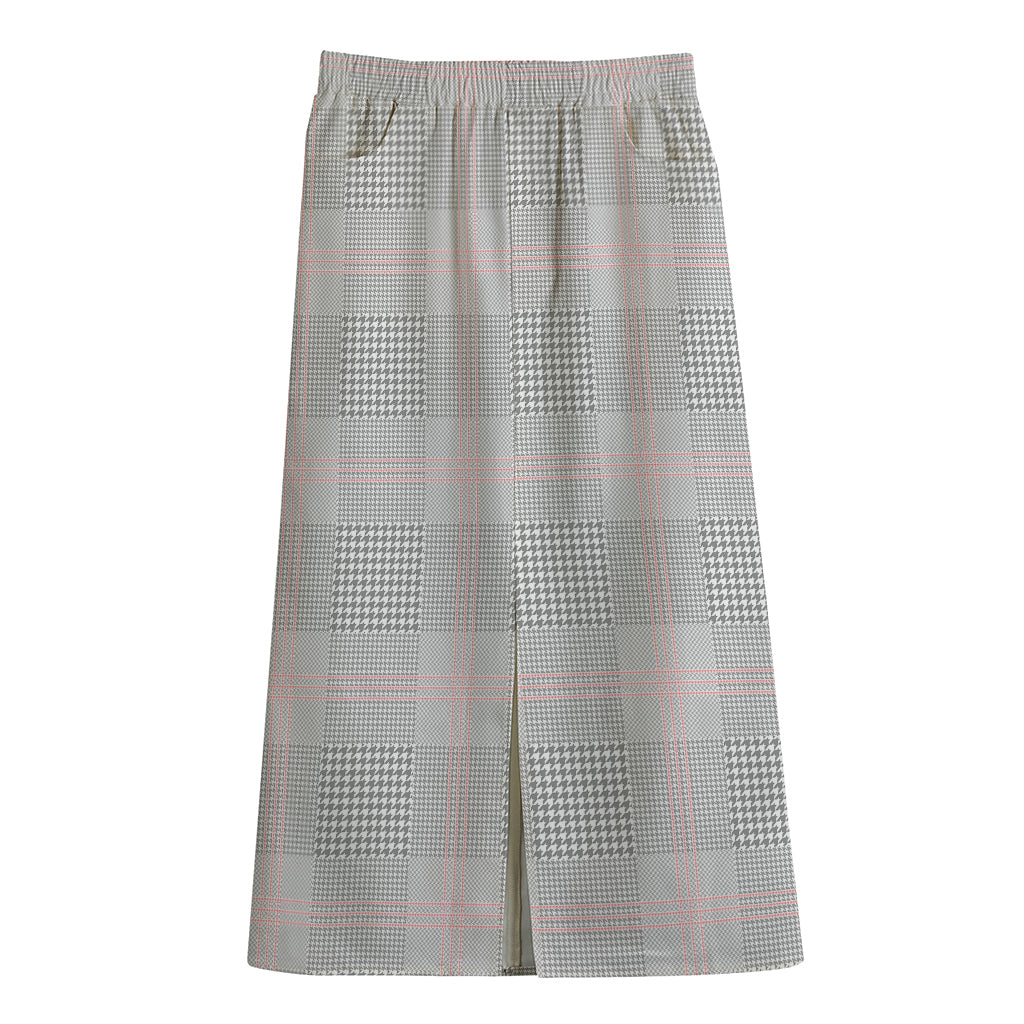 Grey Prince of Wales Check Print Cotton Front Slit Maxi Skirt