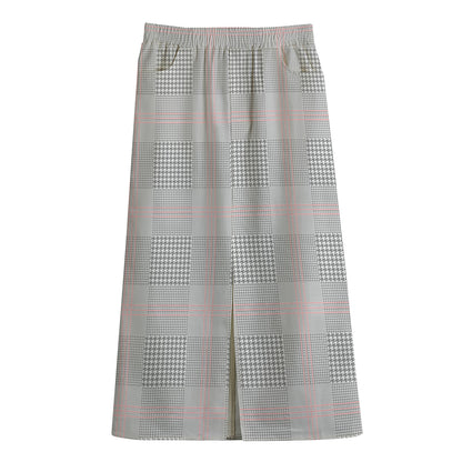 Grey Prince of Wales Check Print Cotton Front Slit Maxi Skirt