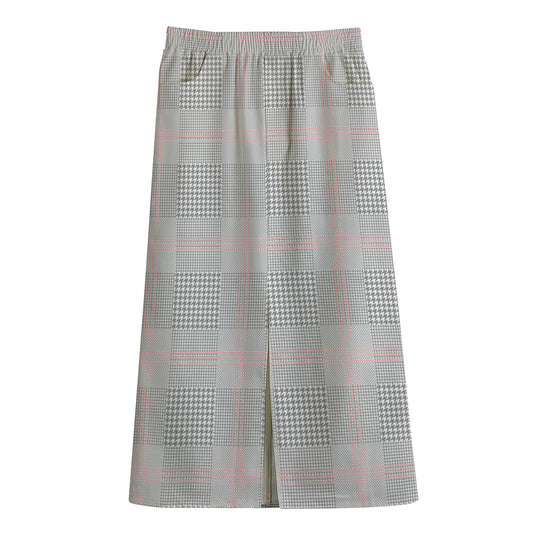 Grey Prince of Wales Check Print Cotton Front Slit Maxi Skirt