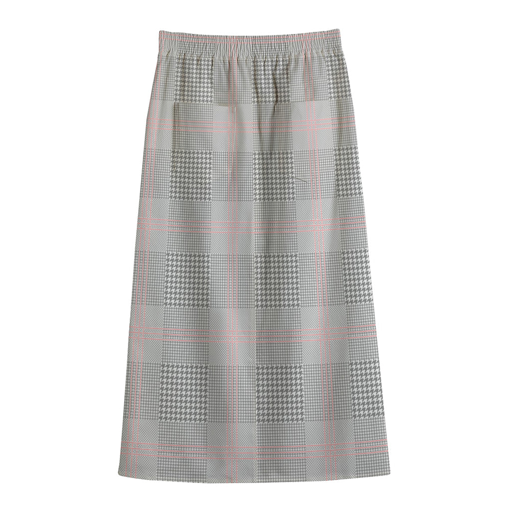 Grey Prince of Wales Check Print Cotton Front Slit Maxi Skirt