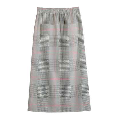 Grey Prince of Wales Check Print Cotton Front Slit Maxi Skirt