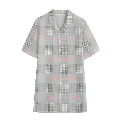 Grey Prince of Wales Check Print Cotton Hawaiian Shirt