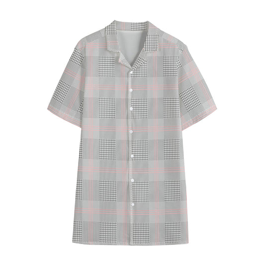 Grey Prince of Wales Check Print Cotton Hawaiian Shirt
