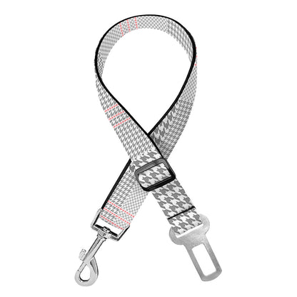 Grey Prince of Wales Check Print Dog Seat Belt