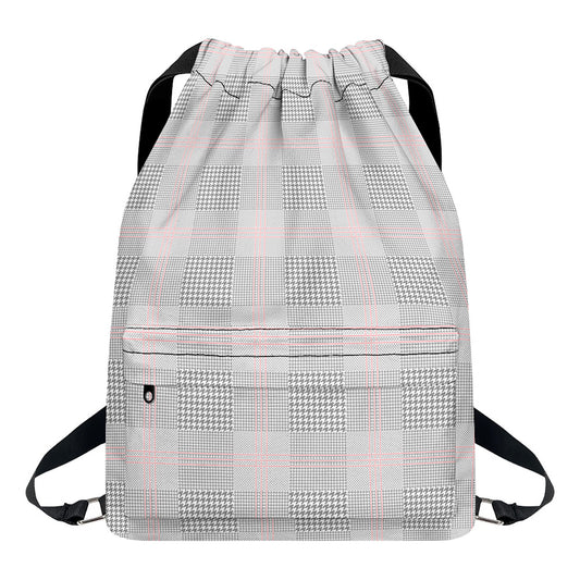 Grey Prince of Wales Check Print Drawstring Backpack