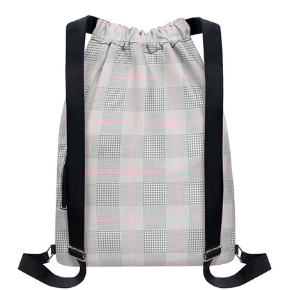 Grey Prince of Wales Check Print Drawstring Backpack