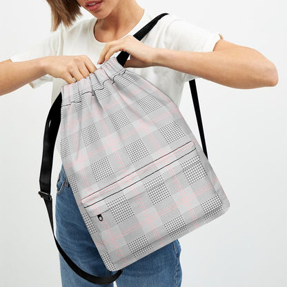 Grey Prince of Wales Check Print Drawstring Backpack