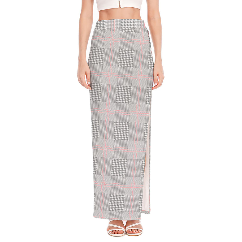 Grey Prince of Wales Check Print High Slit Maxi Skirt