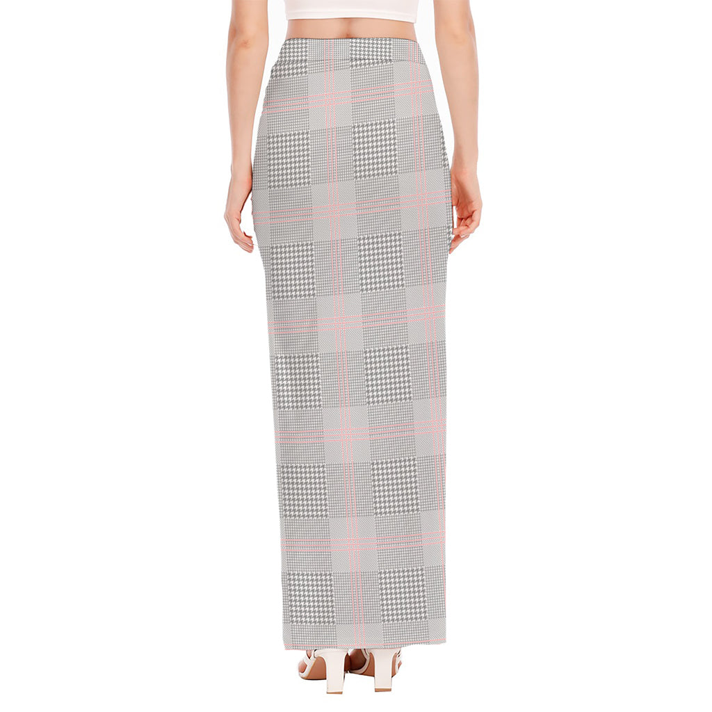 Grey Prince of Wales Check Print High Slit Maxi Skirt