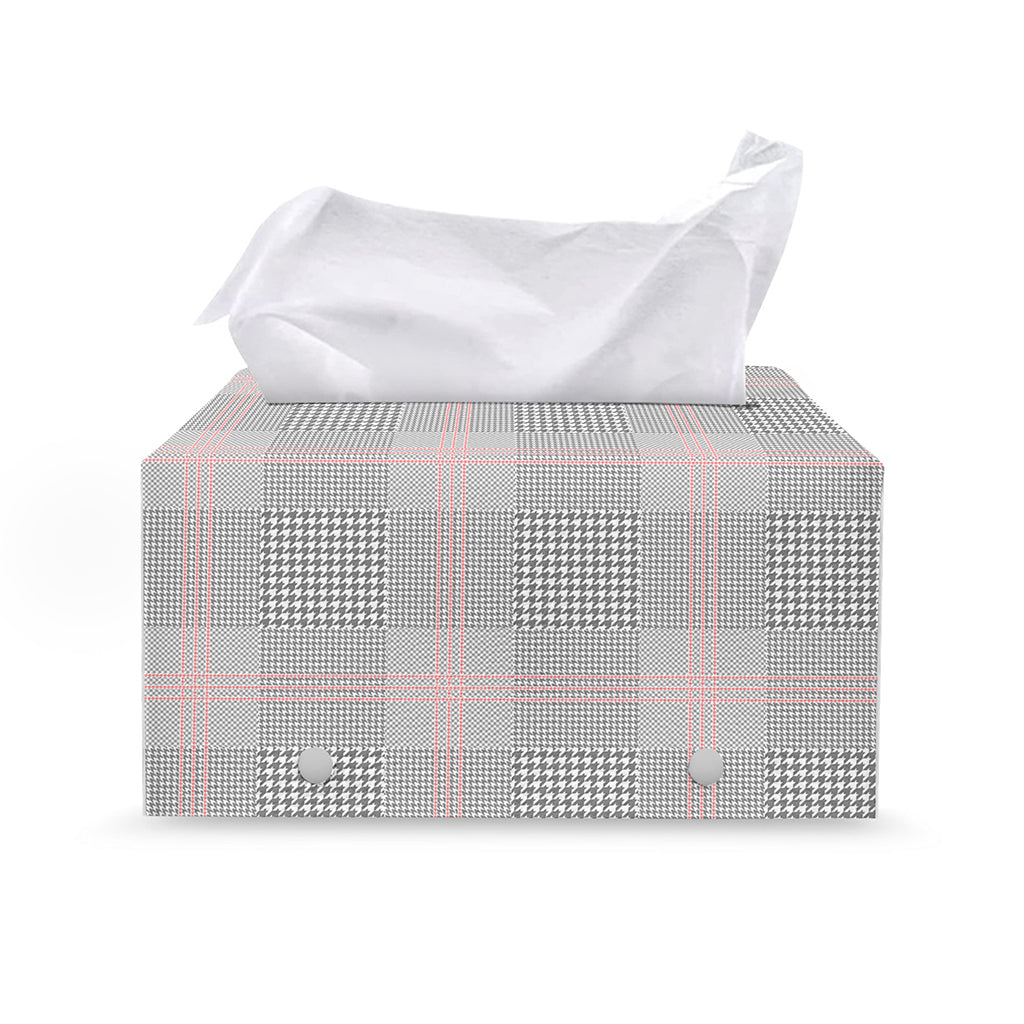 Grey Prince of Wales Check Print Leather Tissue Box Cover
