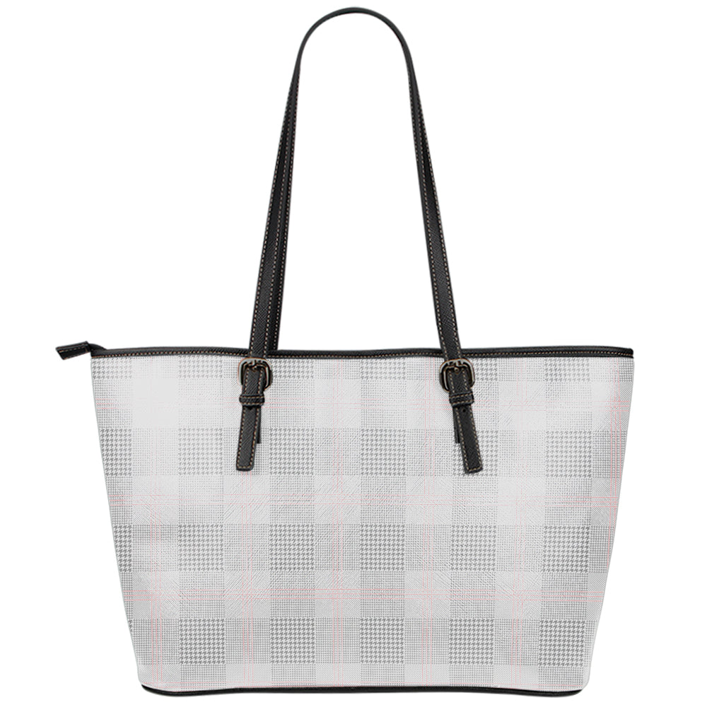 Grey Prince of Wales Check Print Leather Tote Bag