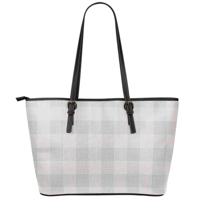 Grey Prince of Wales Check Print Leather Tote Bag
