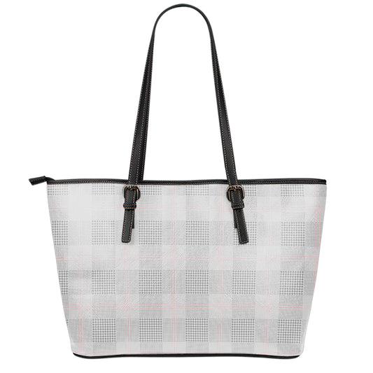 Grey Prince of Wales Check Print Leather Tote Bag