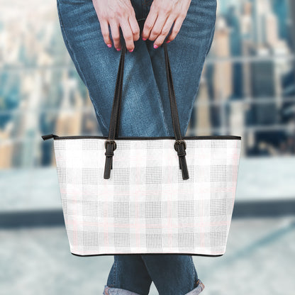 Grey Prince of Wales Check Print Leather Tote Bag