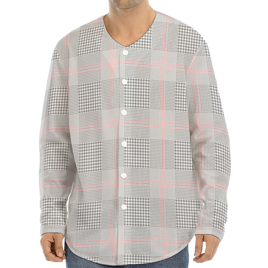 Grey Prince of Wales Check Print Long Sleeve Baseball Jersey