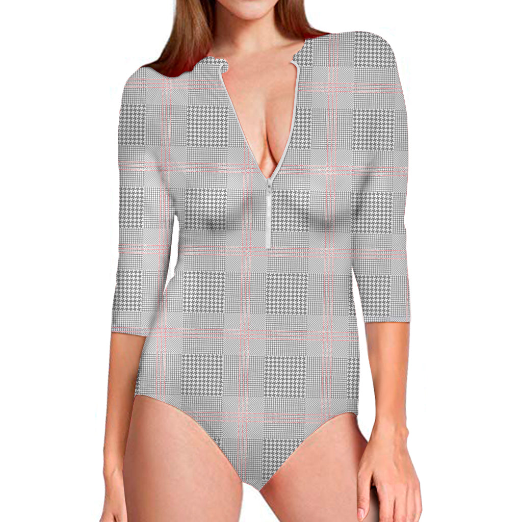 Grey Prince of Wales Check Print Long Sleeve Swimsuit
