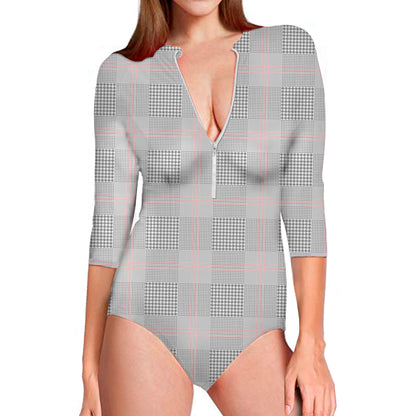 Grey Prince of Wales Check Print Long Sleeve Swimsuit