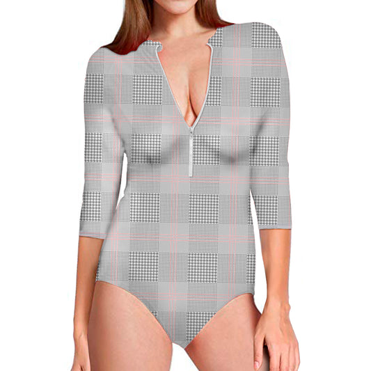 Grey Prince of Wales Check Print Long Sleeve Swimsuit