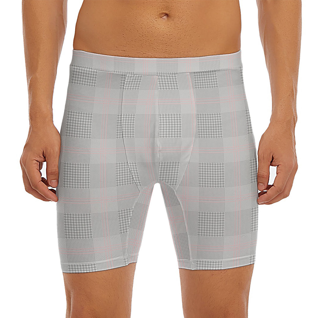 Grey Prince of Wales Check Print Men's Long Boxer Briefs