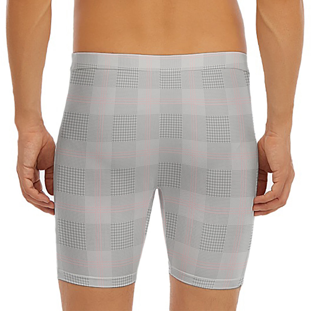 Grey Prince of Wales Check Print Men's Long Boxer Briefs