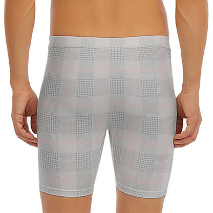 Grey Prince of Wales Check Print Men's Long Boxer Briefs