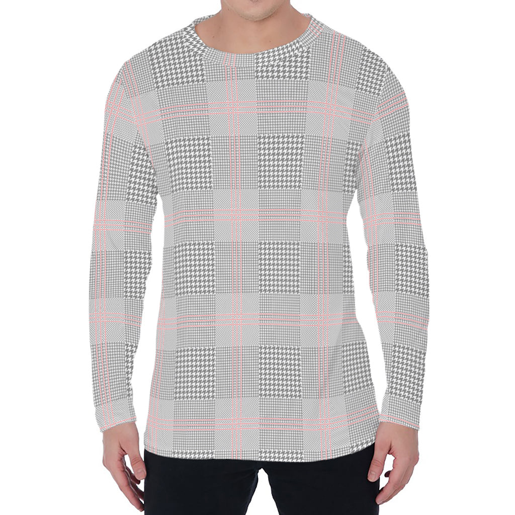 Grey Prince of Wales Check Print Men's Long Sleeve T-Shirt