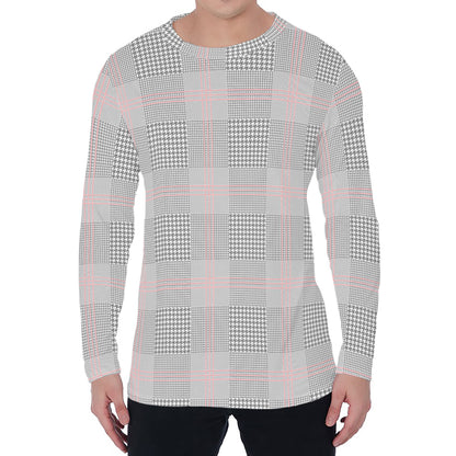 Grey Prince of Wales Check Print Men's Long Sleeve T-Shirt