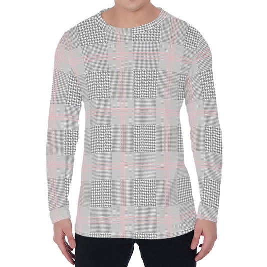 Grey Prince of Wales Check Print Men's Long Sleeve T-Shirt