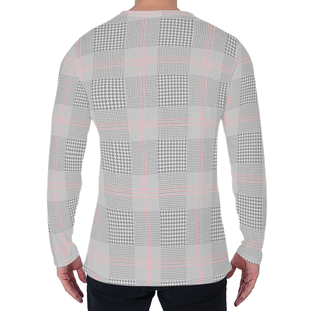 Grey Prince of Wales Check Print Men's Long Sleeve T-Shirt