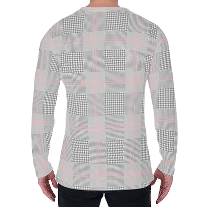 Grey Prince of Wales Check Print Men's Long Sleeve T-Shirt