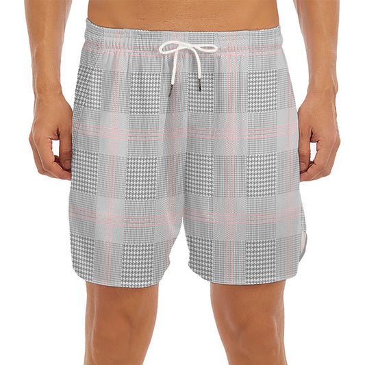 Grey Prince of Wales Check Print Men's Split Running Shorts