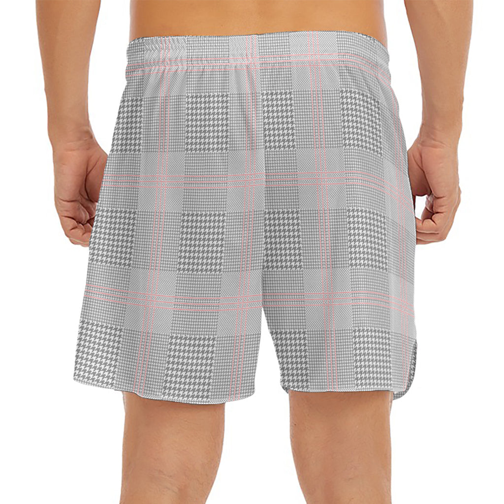 Grey Prince of Wales Check Print Men's Split Running Shorts