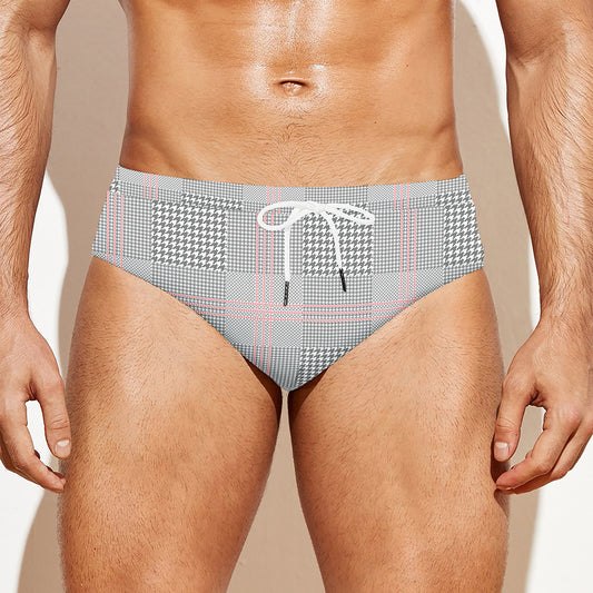 Grey Prince of Wales Check Print Men's Swim Briefs