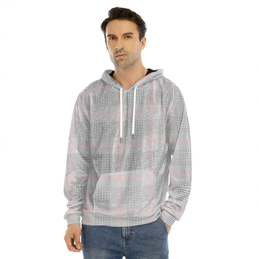 Grey Prince of Wales Check Print Men's Velvet Pullover Hoodie