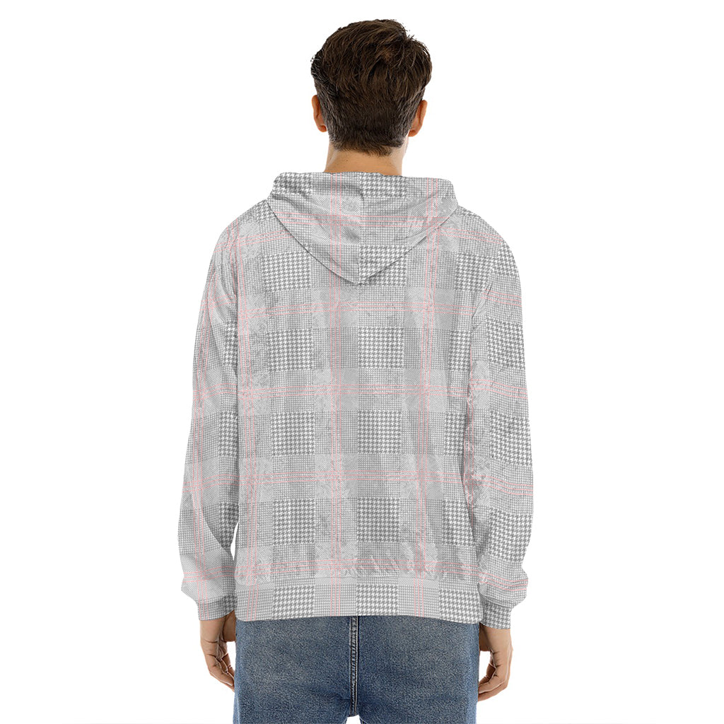 Grey Prince of Wales Check Print Men's Velvet Pullover Hoodie
