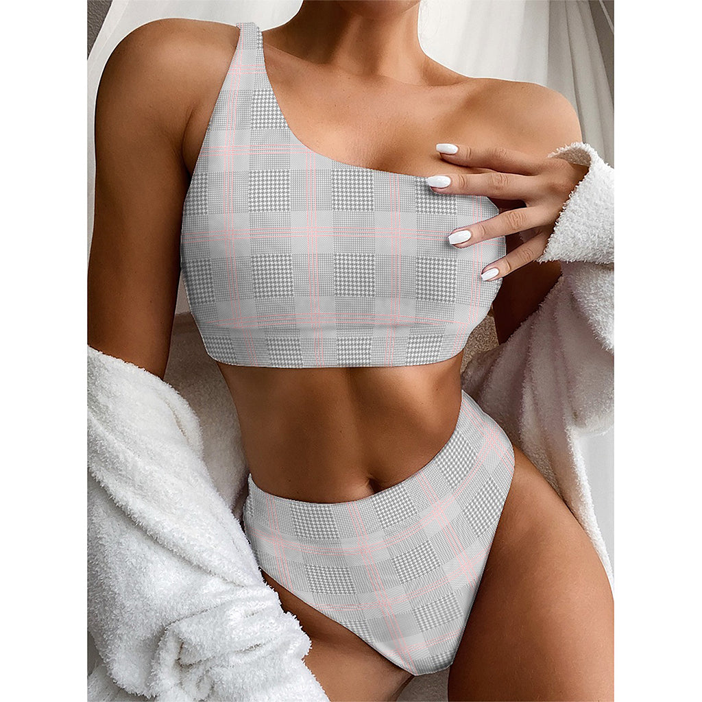 Grey Prince of Wales Check Print One Shoulder Bikini Top